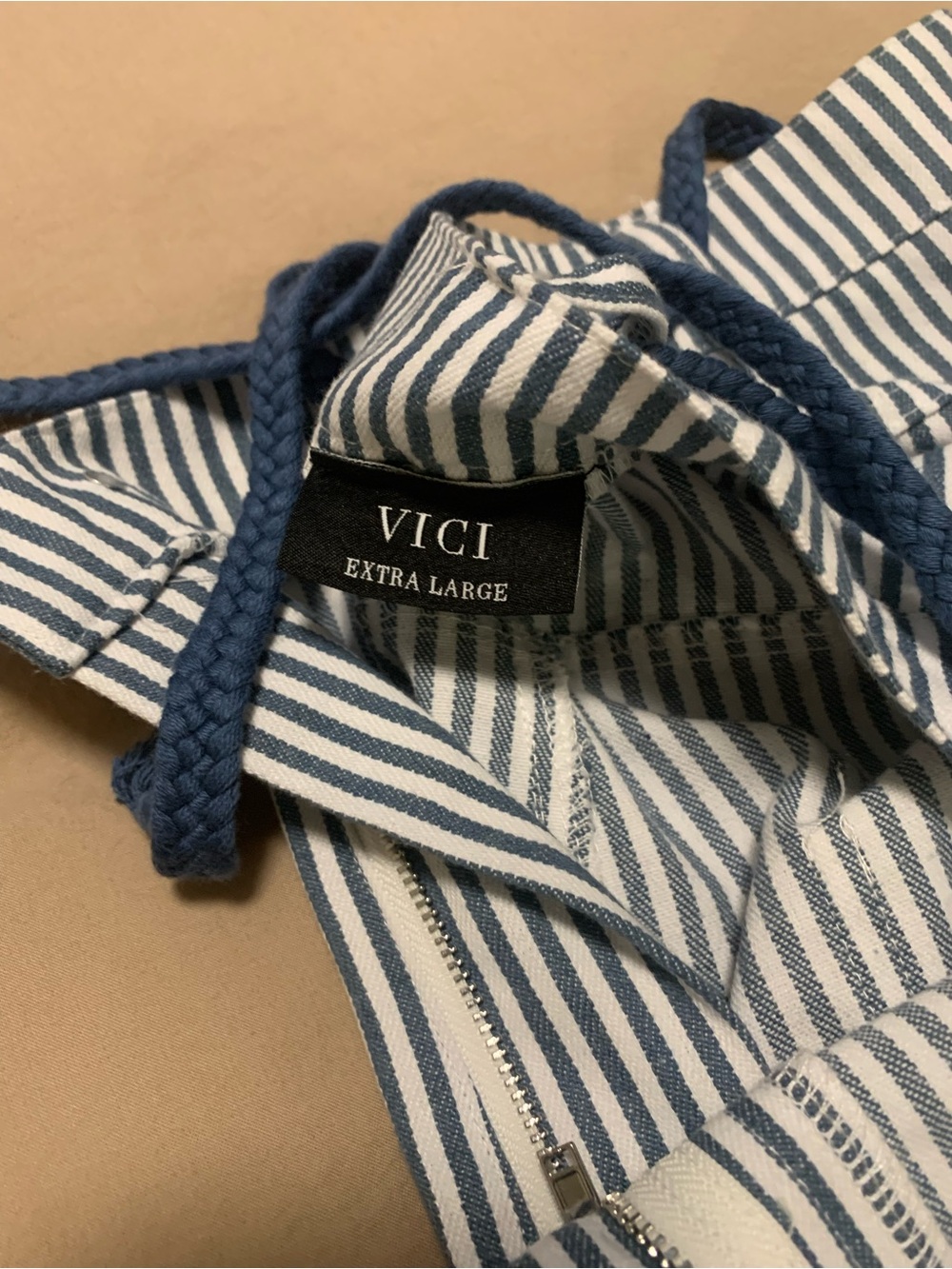 VICI Blue and White Striped Button-Down Shirt with Drawstring